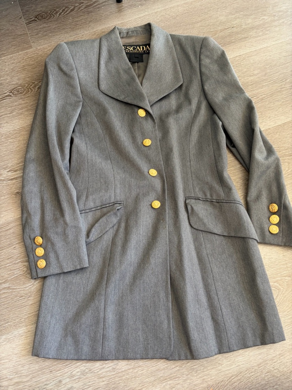 Escada Gray Wool-Blend Tailored Blazer with Gold Buttons